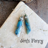 Long Chrysocolla Gemstone Earrings Sterling Silver Wire Wrapped with Moonstone