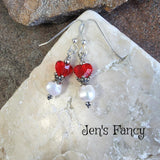 Red Heart Pearl Earrings Sterling Silver Valentine's Day Jewelry