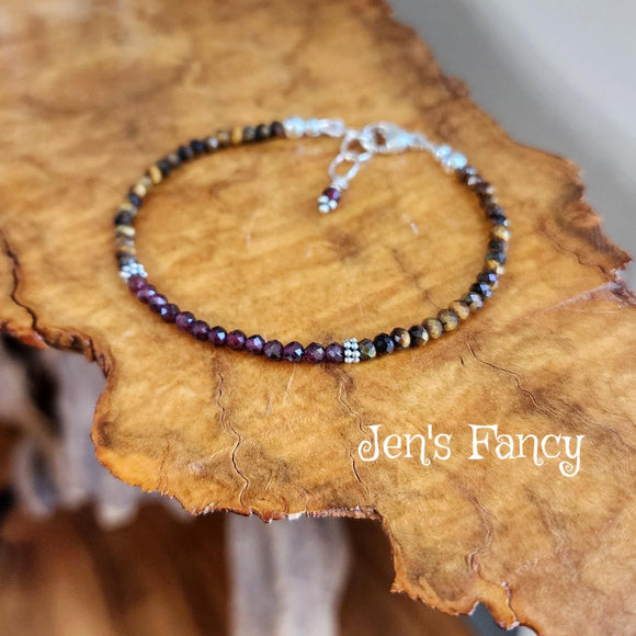 Tiger Eye & Garnet Gemstone Bracelet Sterling Silver