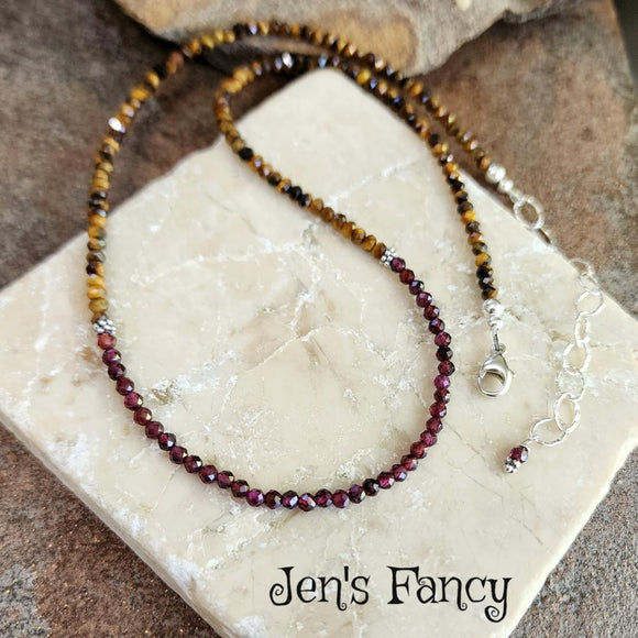 Garnet & Tigers Eye Gemstone Necklace Sterling Silver
