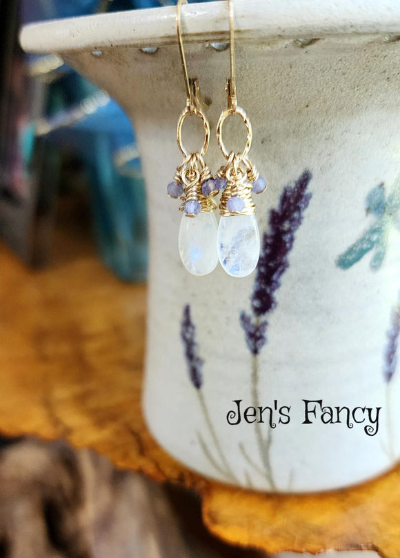 Moonstone Gold-Filled Earrings Wire Wrapped with Tanzanite Gemstone Drops