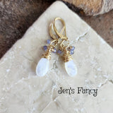 Moonstone Gold-Filled Earrings Wire Wrapped with Tanzanite Gemstone Drops