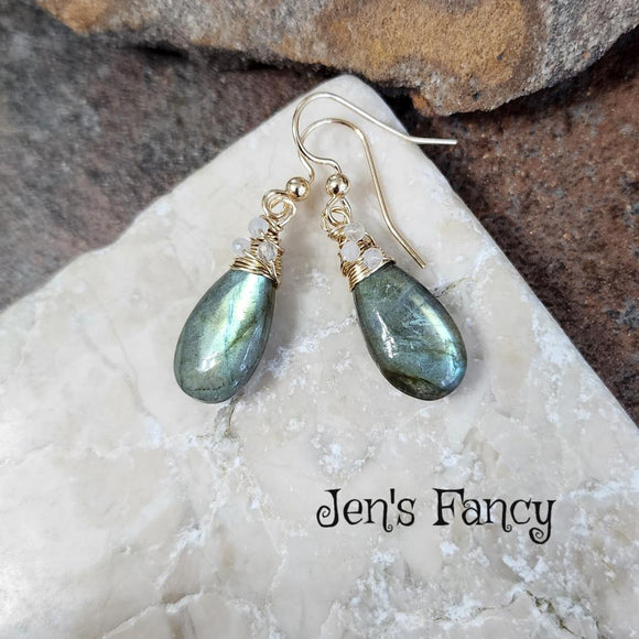 Labradorite Gemstone Briolette Earrings with Moonstone Gold Filled Wire Wrapped