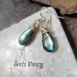 Labradorite Gemstone Briolette Earrings with Moonstone Gold Filled Wire Wrapped