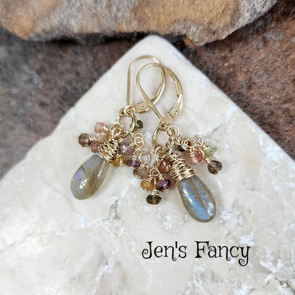 Labradorite & Tourmaline Wire Wrapped Briolette Gemstone Cluster Earrings Gold Filled