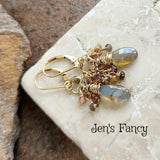 Labradorite & Tourmaline Wire Wrapped Briolette Gemstone Cluster Earrings Gold Filled