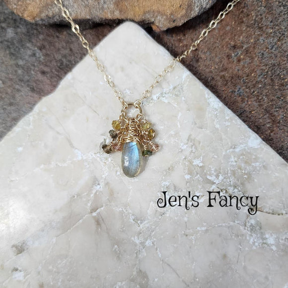 Labradorite & Tourmaline Necklace Gold Filled Wire Wrapped