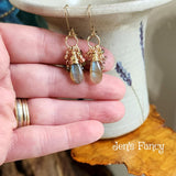 Labradorite & Tourmaline Wire Wrapped Briolette Gemstone Cluster Earrings Gold Filled