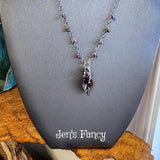 Amethyst Gemstone Drop Necklace Art Glass Leaf with Iolite Tiger Eye Sterling Silver Wire Wrapped