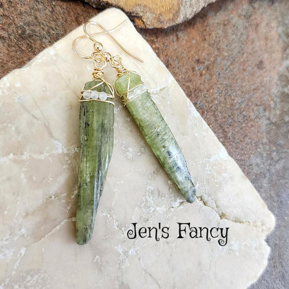 Long Kyanite Earrings Gold-Filled Wire Wrapped with Moonstone