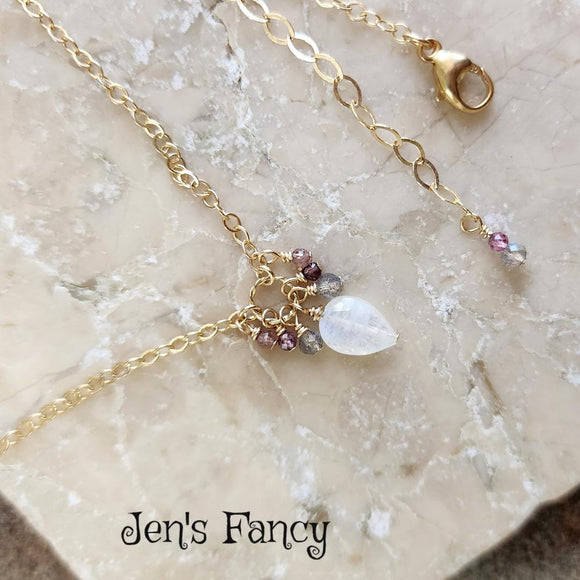 Moonstone & Labradorite Necklace 14kt Gold Filled with Pink Spinel Genuine Gemstones