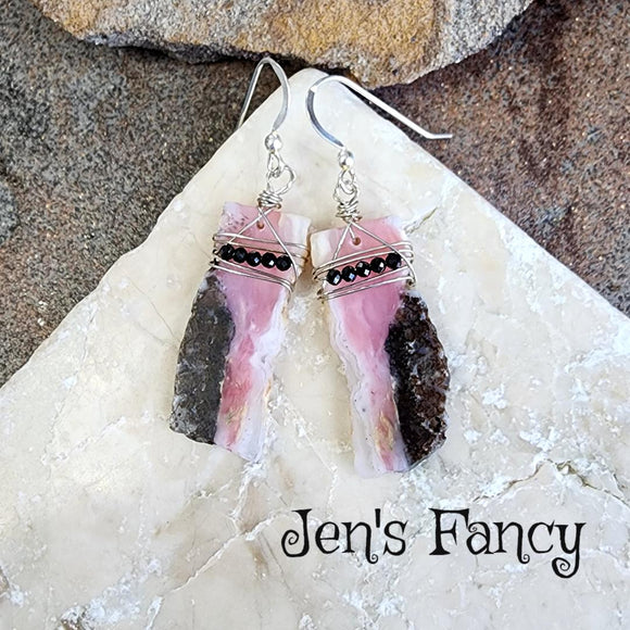 Pink Opal Earrings with Black Spinel Sterling Silver Wire Wrapped