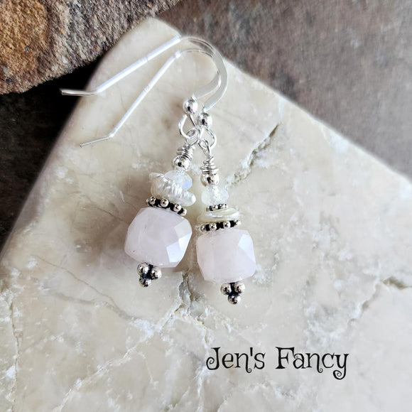 Rose Quartz Earrings Bali Sterling Silver with Moonstone and Keshi Pearls