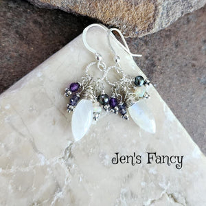 Moonstone Gemstone Cluster Earrings Sterling Silver with Amethyst, Iolite, Opal & Pearls