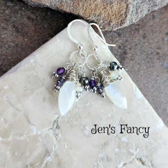 Moonstone Gemstone Cluster Earrings Sterling Silver with Amethyst, Iolite, Opal & Pearls