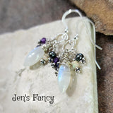 Moonstone Gemstone Cluster Earrings Sterling Silver with Amethyst, Iolite, Opal & Pearls