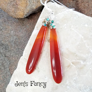 Long Red Agate Genuine Gemstone Earrings with Turquoise Sterling Silver Wire Wrapped