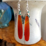 Long Red Agate Genuine Gemstone Earrings with Turquoise Sterling Silver Wire Wrapped