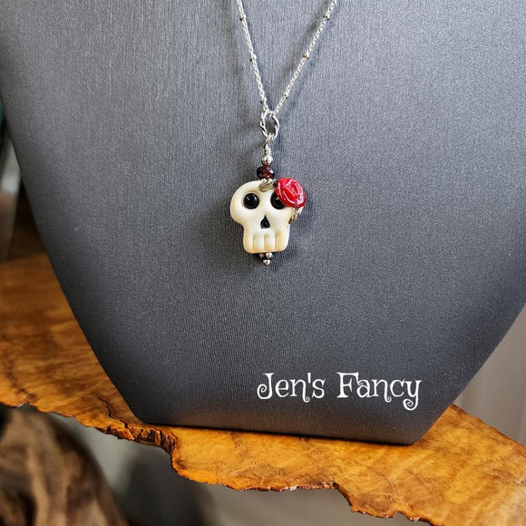 Sugar Skull Art Galss Necklace Sterling Silver