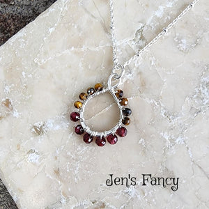 Tiger's Eye & Garnet Necklace Sterling Silver Wire Wrapped