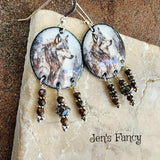 Wolf Art Enameled Earrings Sterling Silver with Natural Boulder Opal Gemstone Jewelry Gift for Her