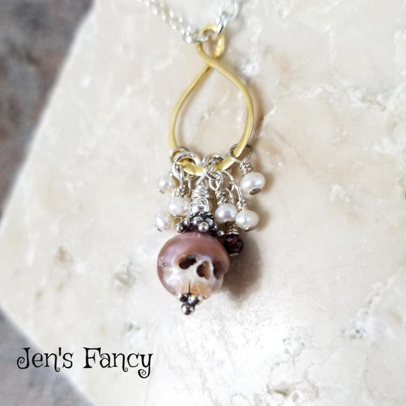 Skull Pearl Cluster Necklace Sterling Silver
