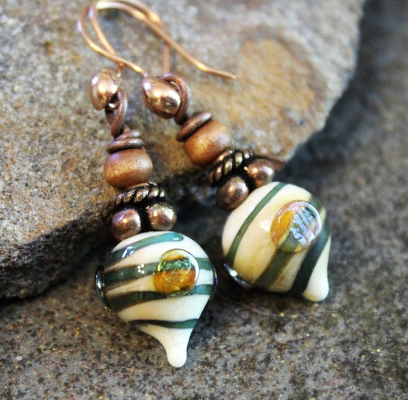 Green Swirl Ivory Art Glass Earrings Copper & Wood