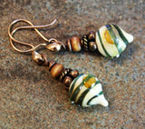 Green Swirl Ivory Art Glass Earrings Copper & Wood