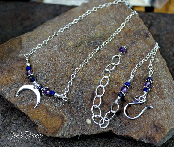 Crescent Moon Necklace Sterling Silver Amethyst & Lapis Lazuli