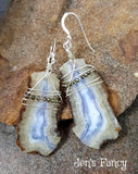 Blue Lace Agate Long Gemstone Earrings Sterling Silver Wire Wrapped