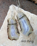 Blue Lace Agate Long Gemstone Earrings Sterling Silver Wire Wrapped