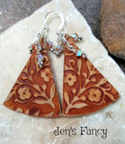Floral Brown Leather Earrings Sterling Silver