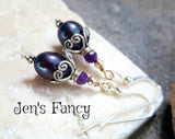 Blue Pearl & Amethyst Earrings Sterling Silver