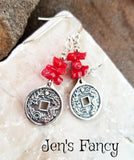 Chinese Dragon Coin Earrings Sterling Silver Red Coral Handcrafted Jewelry