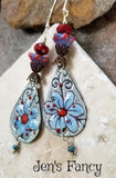 Blue & Red Floral Enameled Earrings Sterling Silver Brass