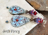 Blue & Red Floral Enameled Earrings Sterling Silver Brass