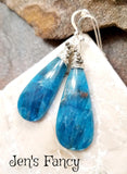 Blue Apatite Earrings Natural Gemstone Long Boho Sterling Silver Wire Wrapped