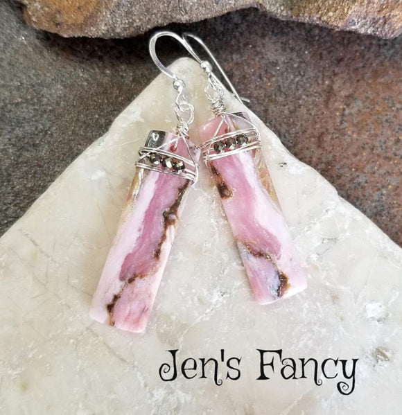 Long Pink Opal Gemstone Earrings Sterling Silver Wire Wrapped