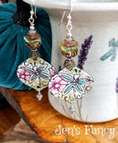 Dragonfly Enameled Earrings Floral Sterling Silver & Brass