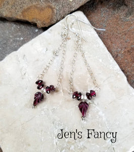 Garnet Leaf Chandelier Earrings Sterling Silver