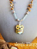 Owl Necklace Art Glass with Apatite & Petal Pearls Sterling Silver