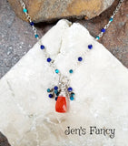 Carnelian Briolette Necklace Sterling Silver Wire Wrapped with Azurite & Lapis Lazuli