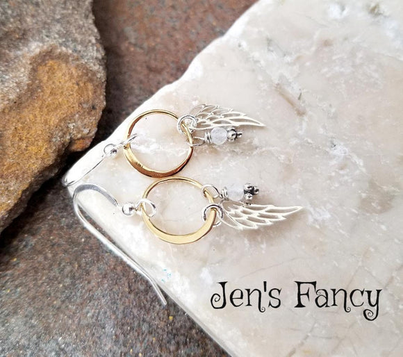 Angel Wing Moonstone Earrings Sterling Silver & Gold