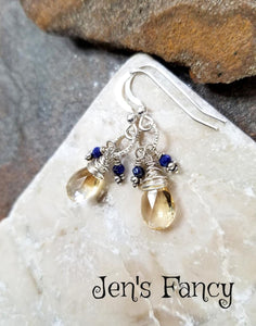 Citrine & Lapis Lazuli Gemstone Sterling Silver Wire Wrapped Earrings