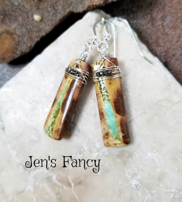 Natural Turquoise Earrings Sterling Silver Wire Wrapped with Pyrite