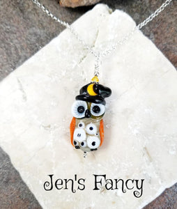 Unique Halloween Owl Necklace Sterling Silver Art Glass