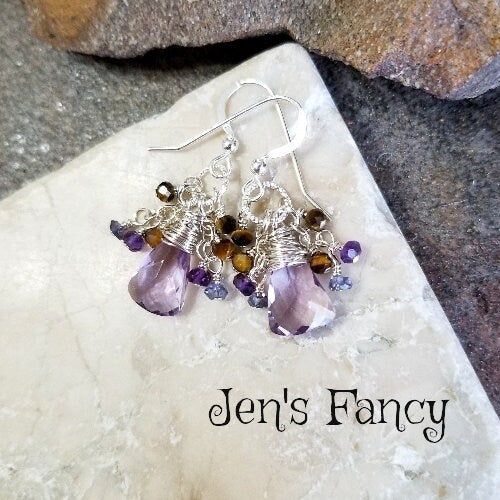 Amethyst Cluster Earrings Sterling Silver Wire Wrapped Jewelry February Birthstone Gift for Her