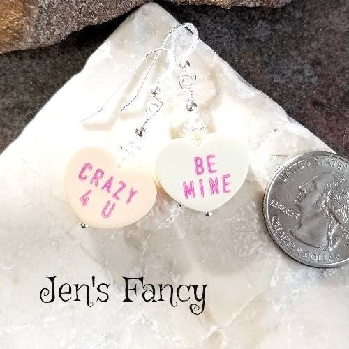 Valentines Earrings Conversation Hearts Dangles, Valentines Jewelry,  Statement Earrings 