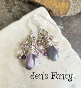 Labradorite Briolette Earrings with Moonstone & Amethyst Sterling Wire Wrapped