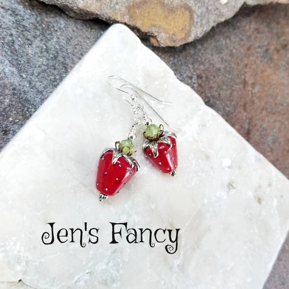 Strawberry Art Glass Earrings Sterling Silver with Peridot